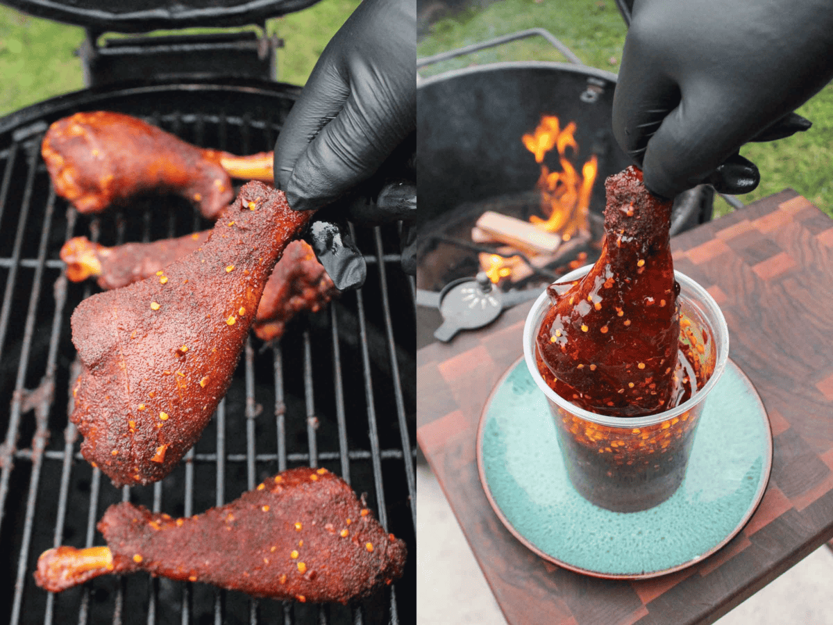 The finished turkey legs can be dipped in some extra hot honey glaze. 