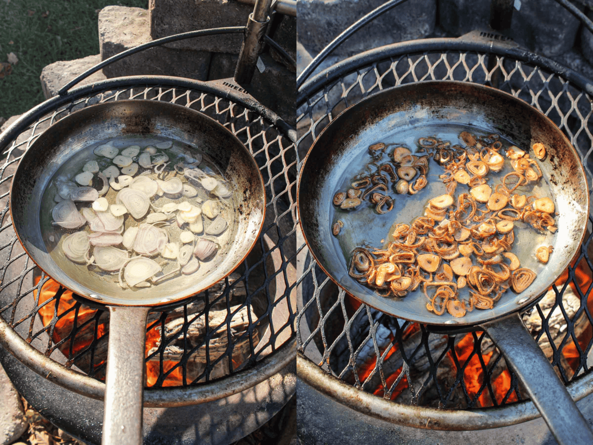 Before and after showing fresh shallots and garlic getting fried in the oil. 