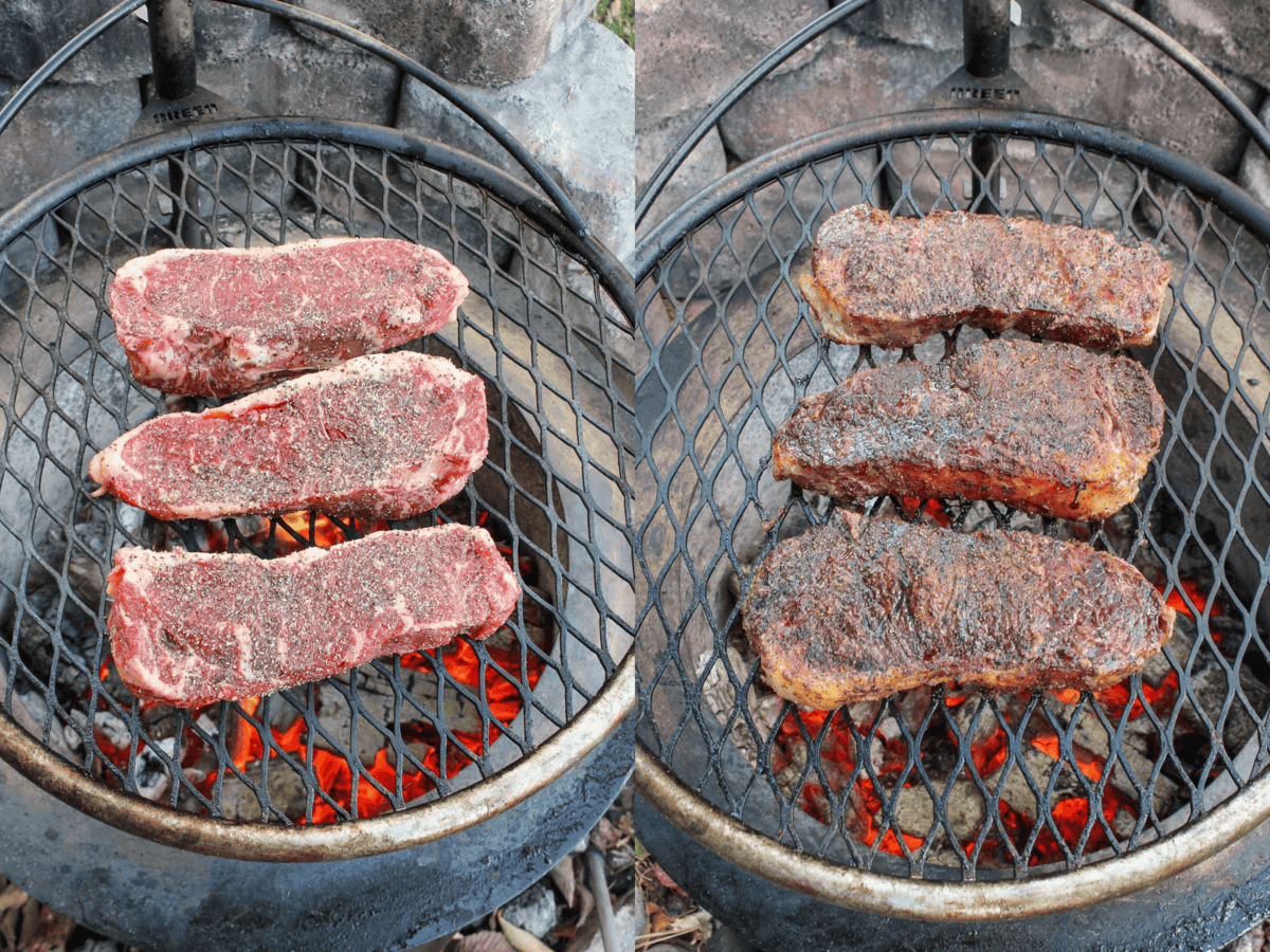 The NY strip steaks are grilled over the fire. 
