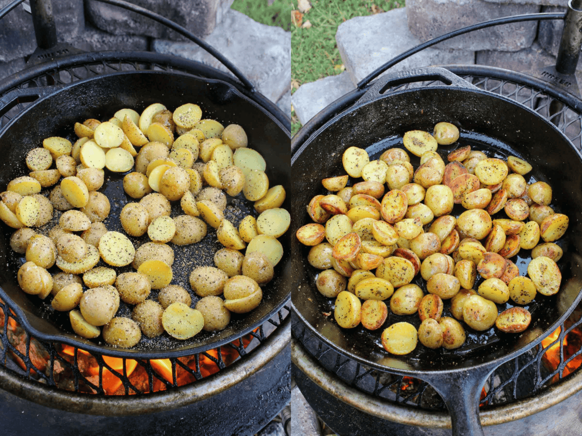 The partially cooked potatoes are brought to the finish line in the cast iron skillet. 