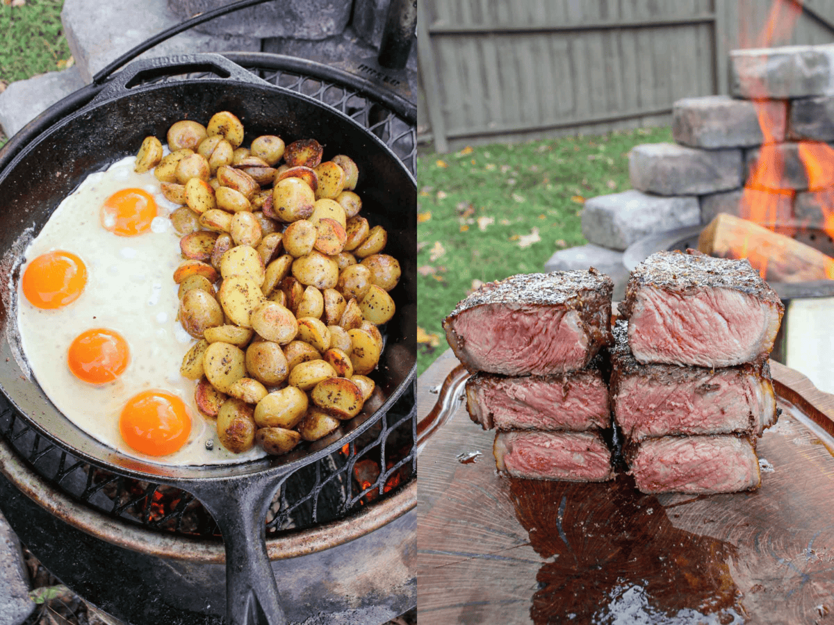 A side by side view of the finished fried eggs, crispy potatoes, and perfectly cooked medium-rare steaks. 