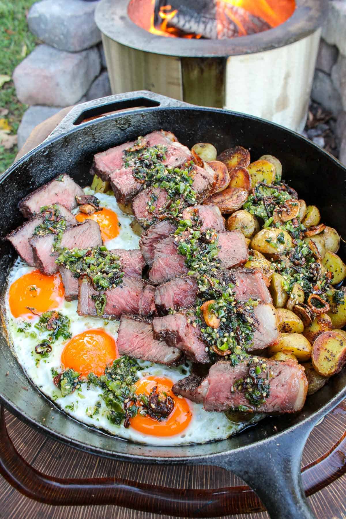 Steak and Eggs with Crispy Green Chili Oil