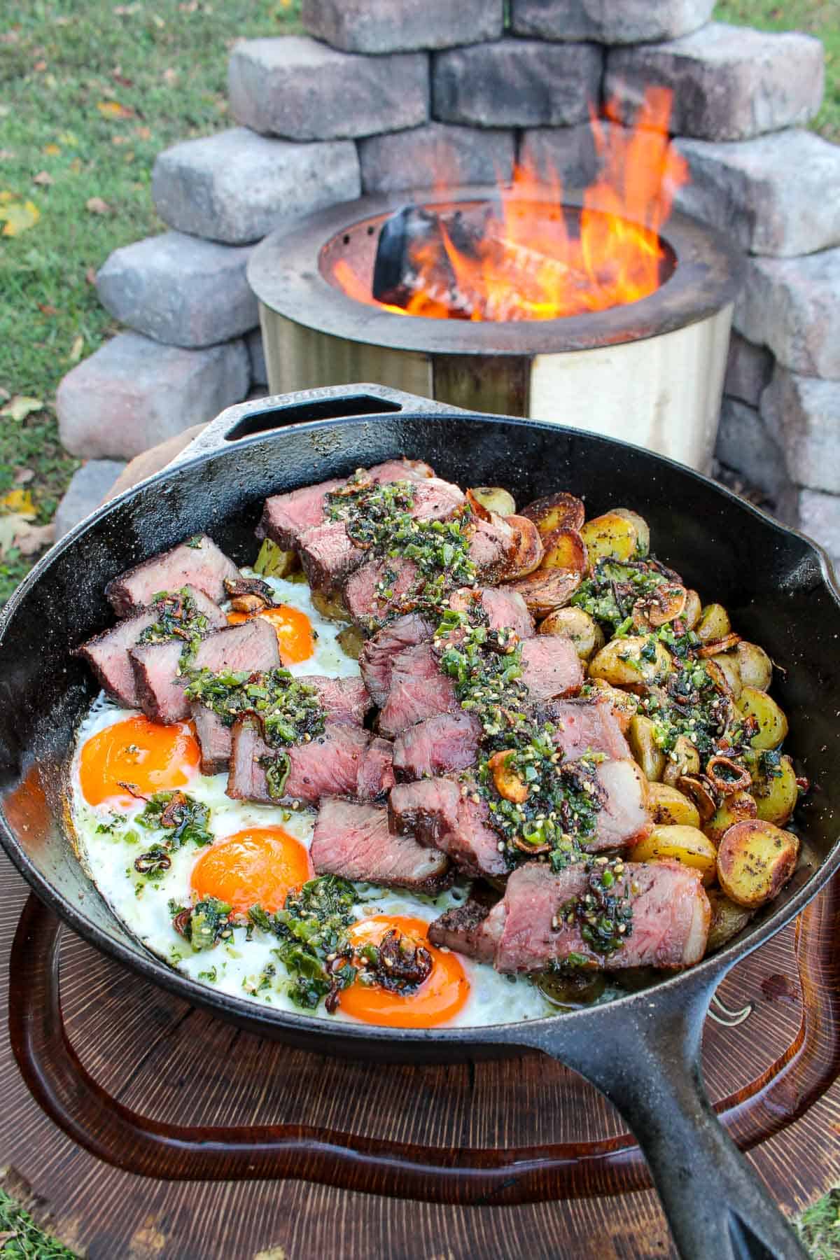 Another view of the Steak and Eggs with Crispy Green Chili Oil recipe that brings the cowboy breakfast to another level. 