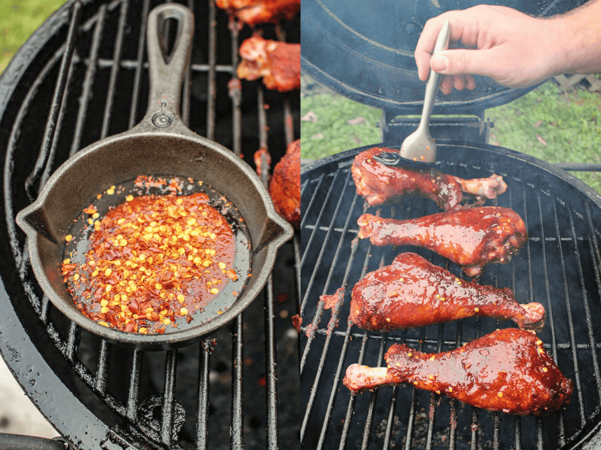 The hot honey sauce with red pepper flakes is brushed onto the smoked turkey legs. 