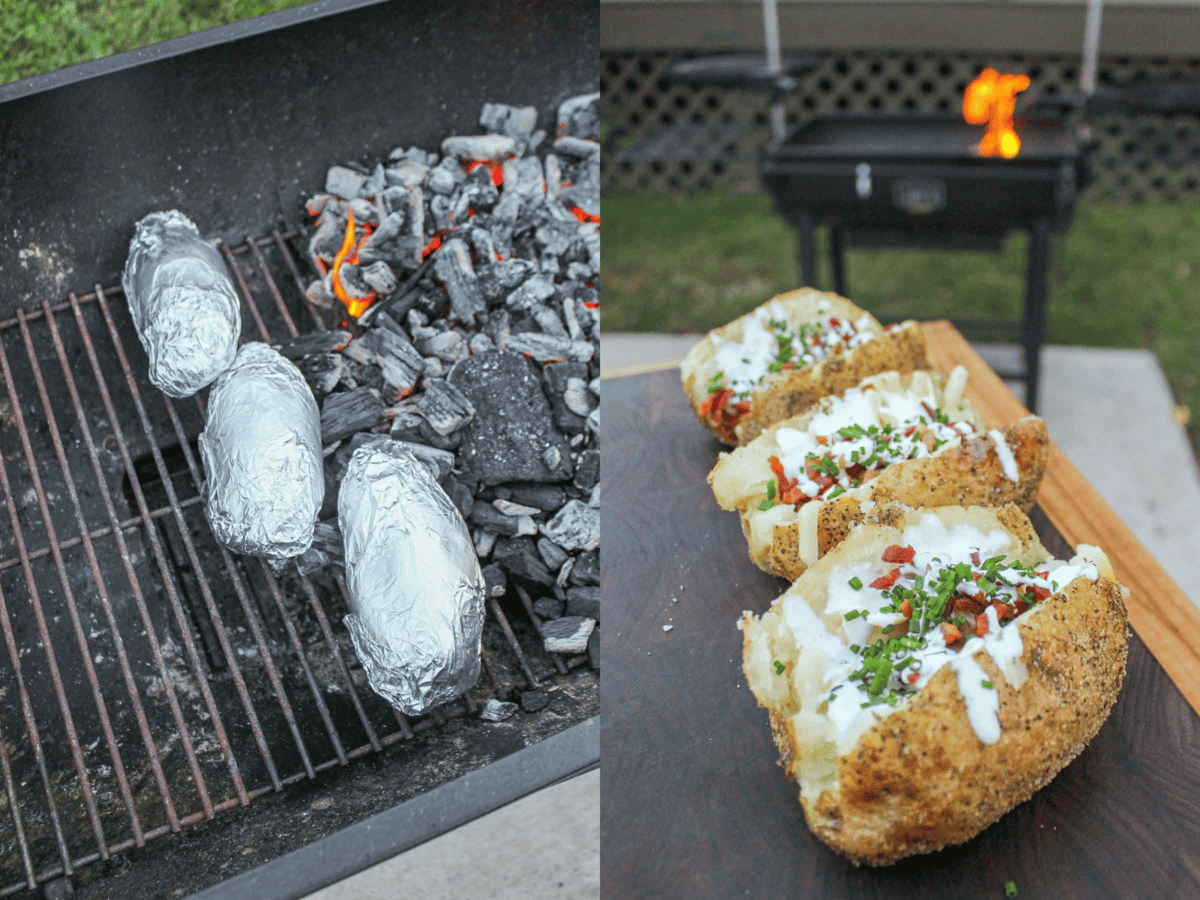 Baked potatoes are wrapped in foil and baked alongside the coals. Afterward, they will be topped with butter, sour cream, cheddar cheese, and chives. 