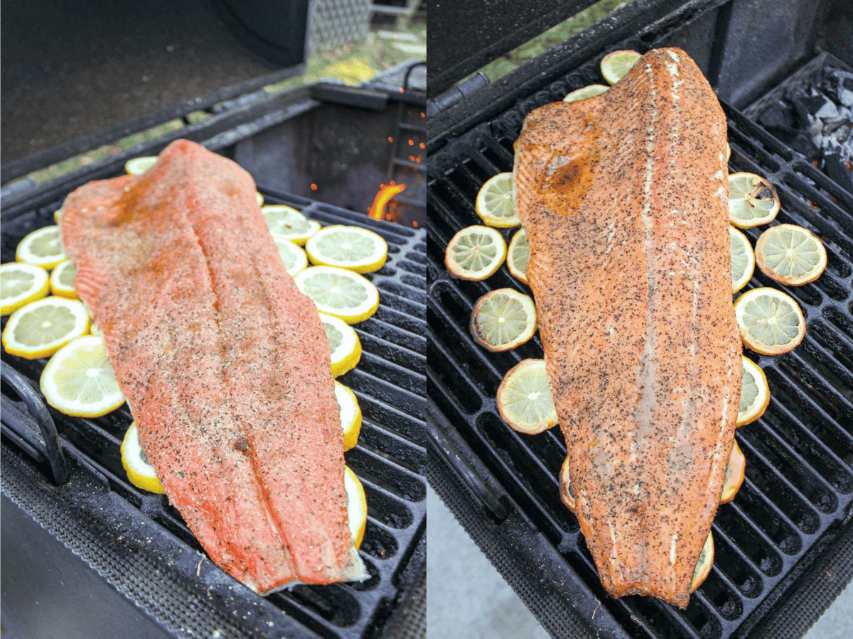 What the fish looks like over the lemons, before and after cooking. 