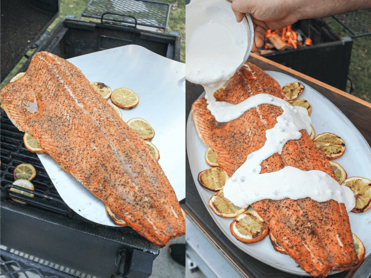 The salmon recipe's final result is ready on the platter and gets a drizzling of sauce.  