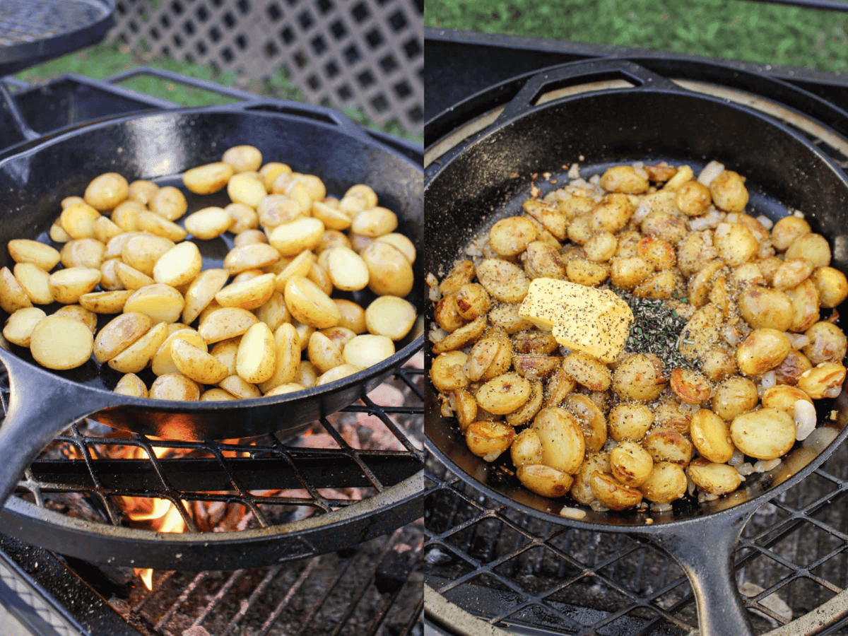 The soften potatoes dumping in a skillet to finish cooking. 