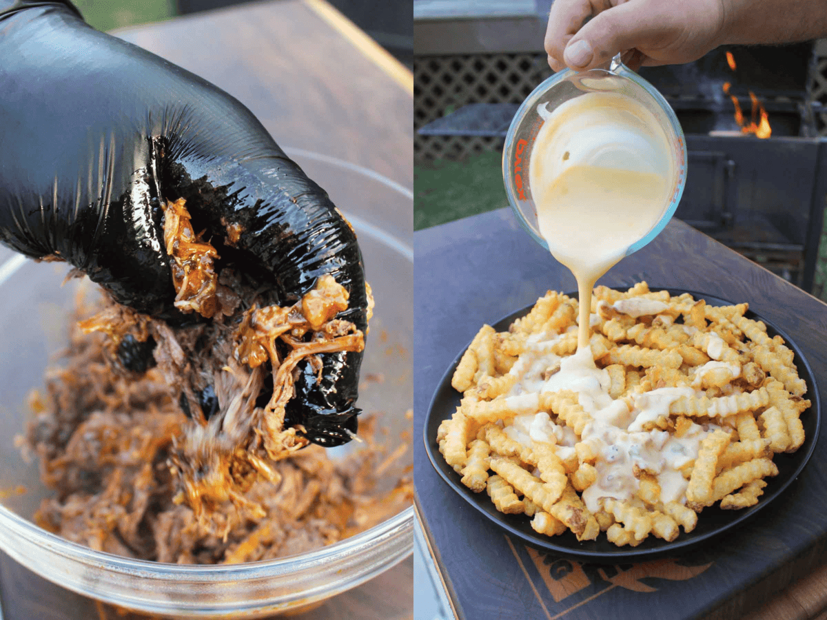 Shredding the beef and pouring the melty cheese on top of the fries. 