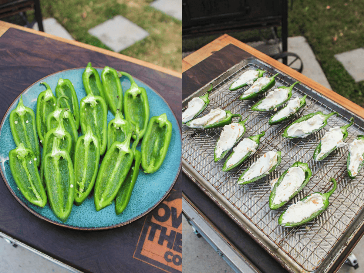 The sliced jalapeños and then filling them with cream cheese.