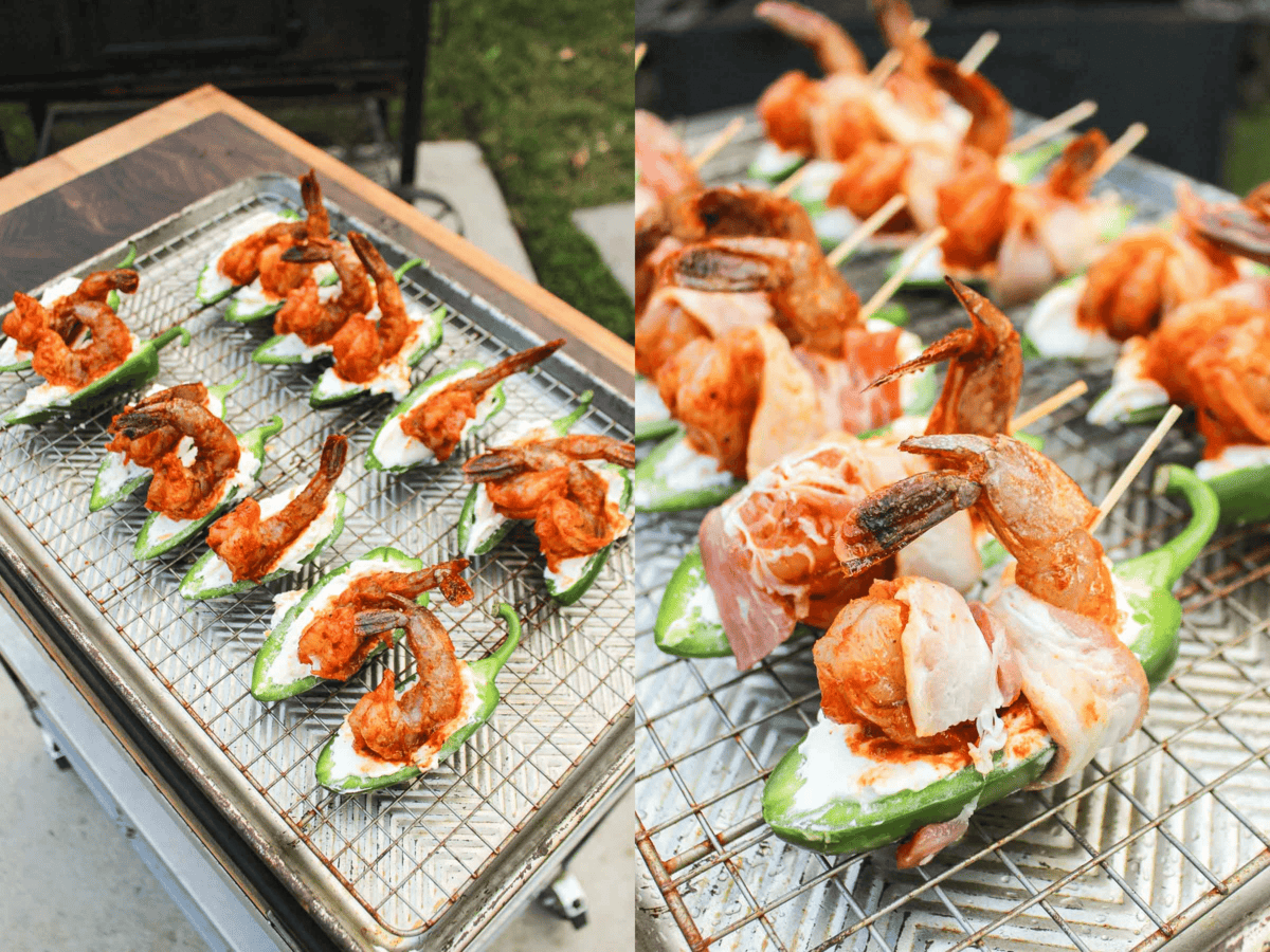 Adding the shrimp and bacon to the bbq shrimp jalapeño poppers.