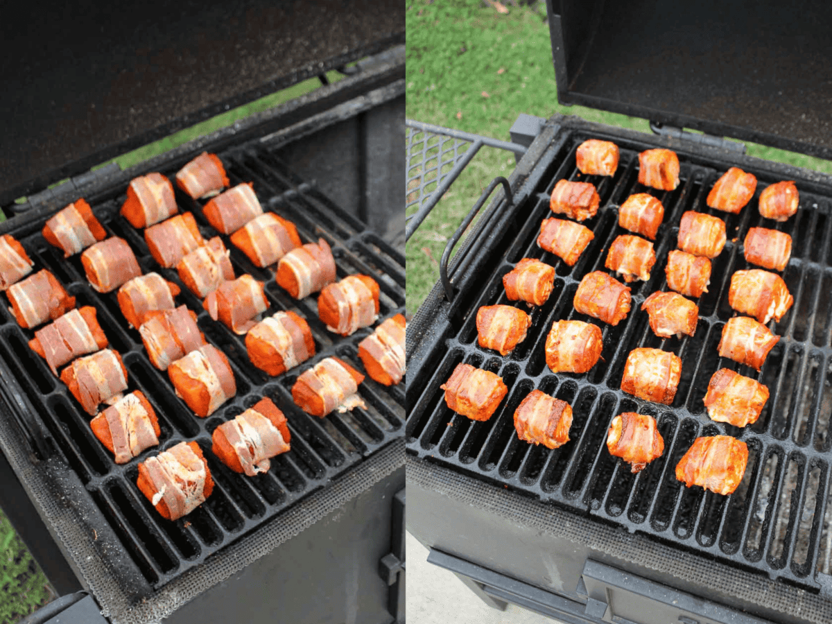 The raw hot honey salmon bites sitting on the grill and another shot of them after being smoked.