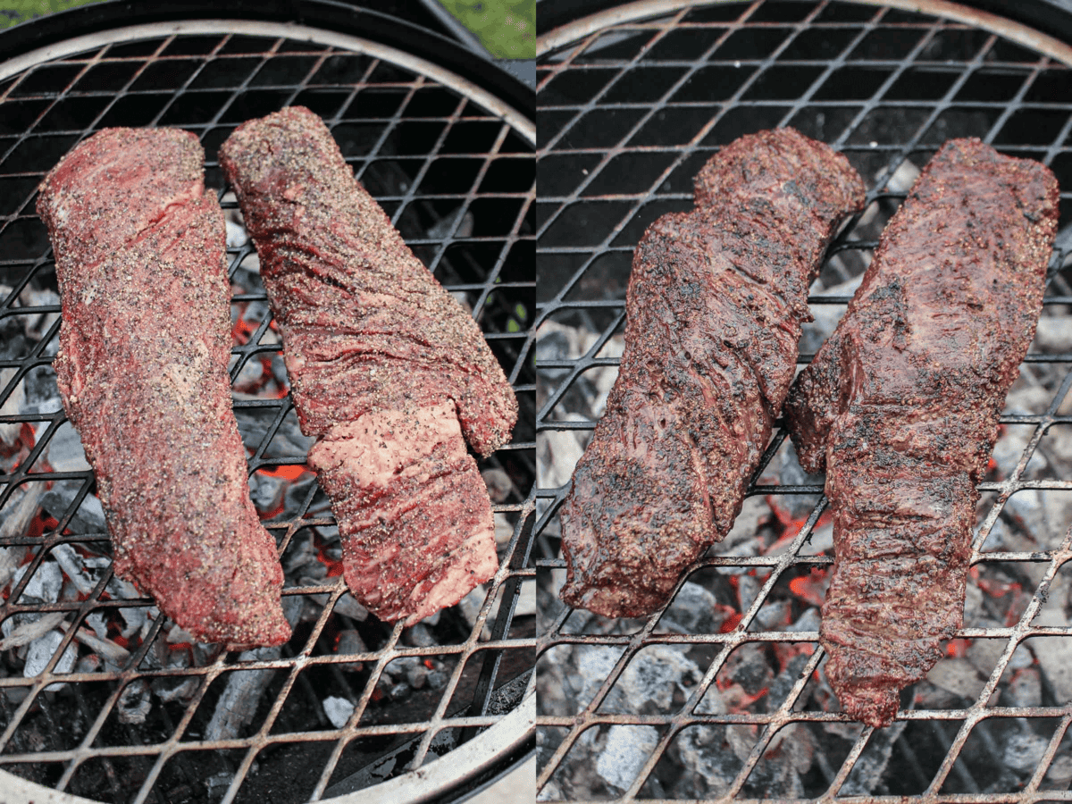 The raw and then flipped steak on the grill.