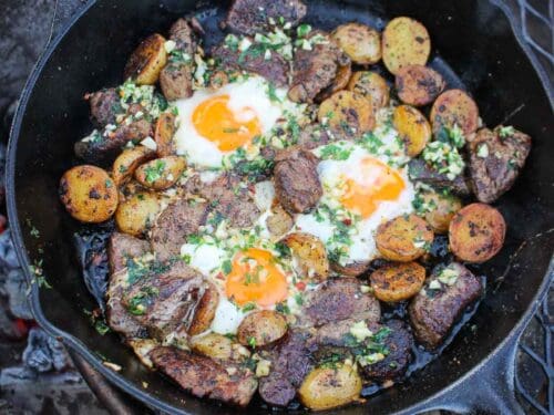 Steak and Eggs Skillet with Chimichurri and Sweet Potatoes