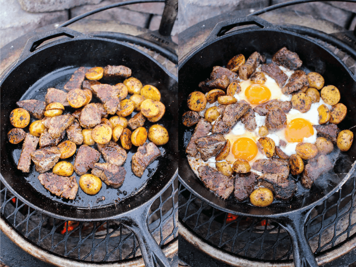 The cooked steak and potatoes and then the same image but with the eggs added into the skillet.