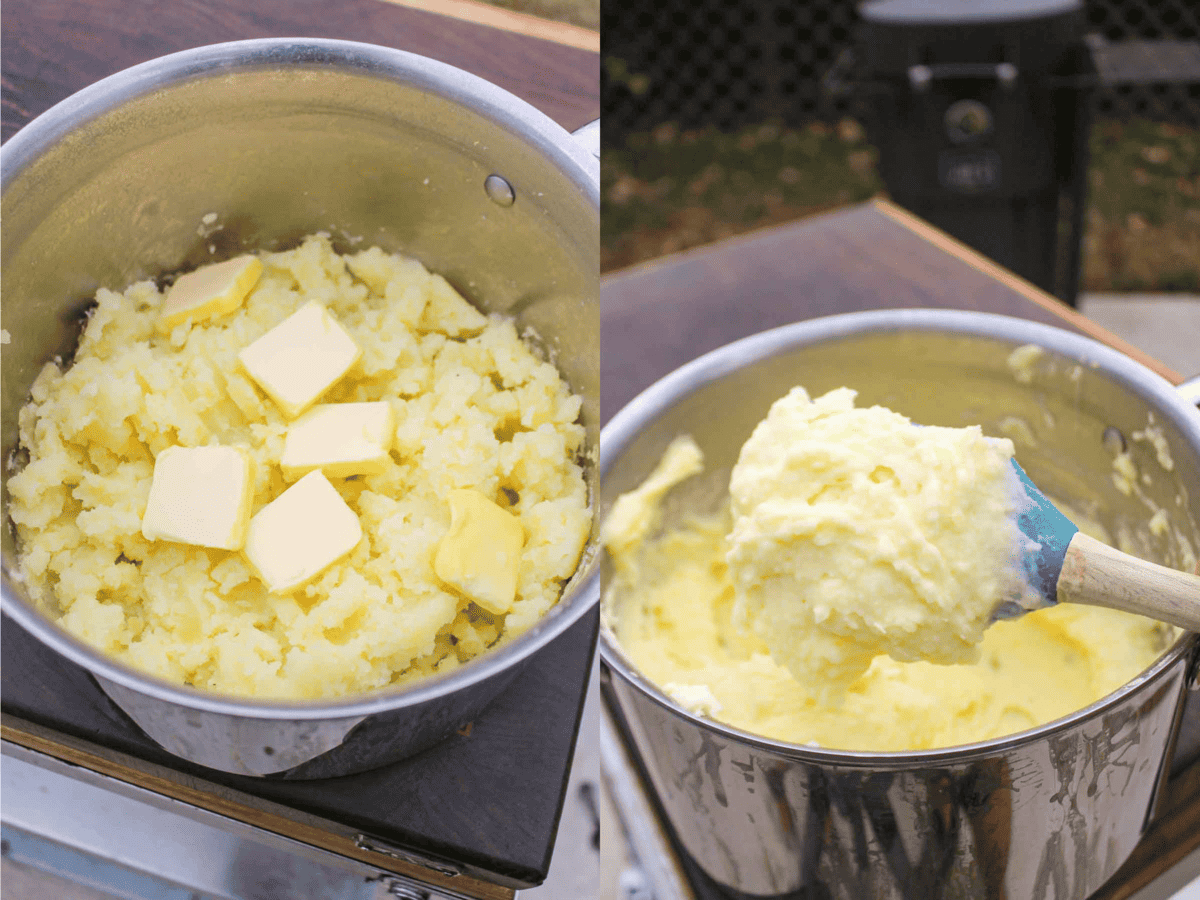 The cheesy mashed potatoes come together easily in a pot with some butter and cheese. 