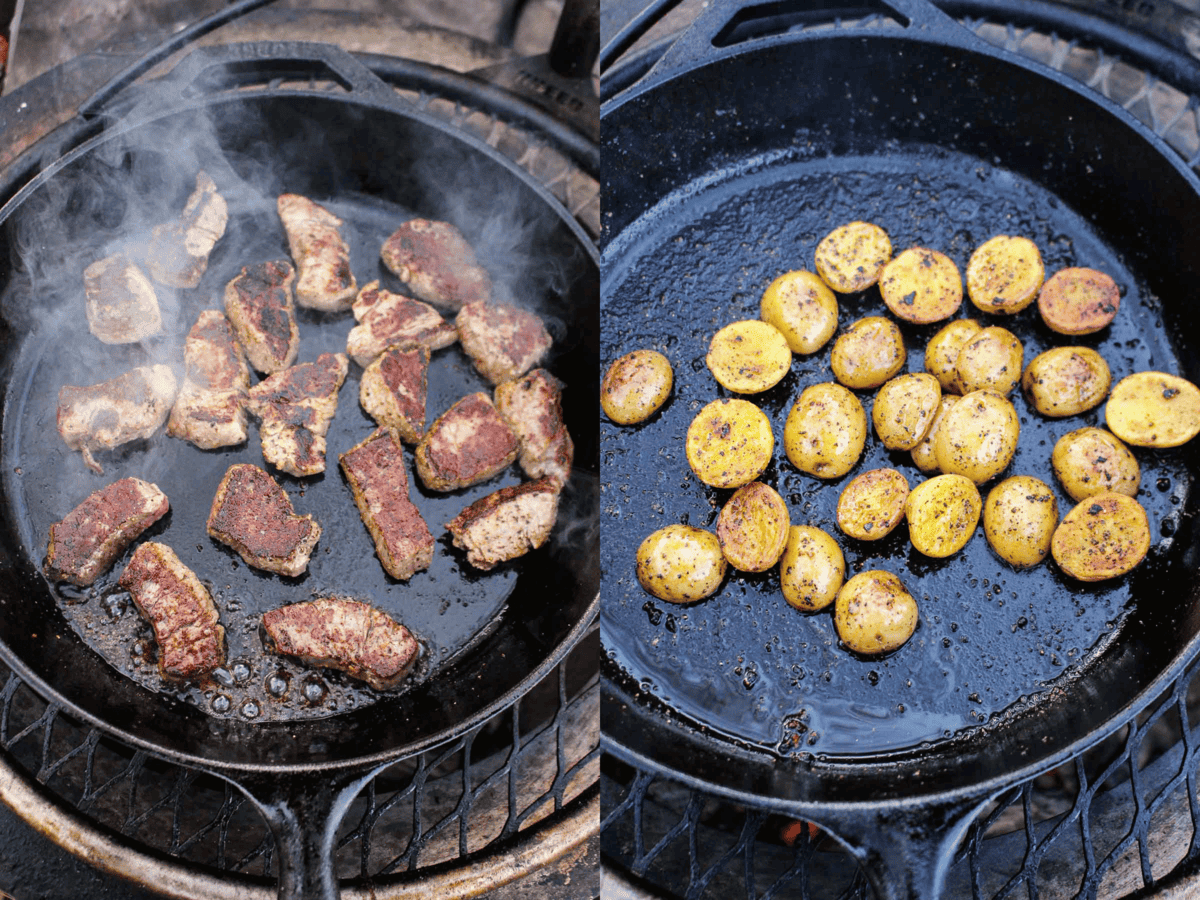 The grilled streak cooking in the cast iron and then the roasted potatoes in the cast iron. 