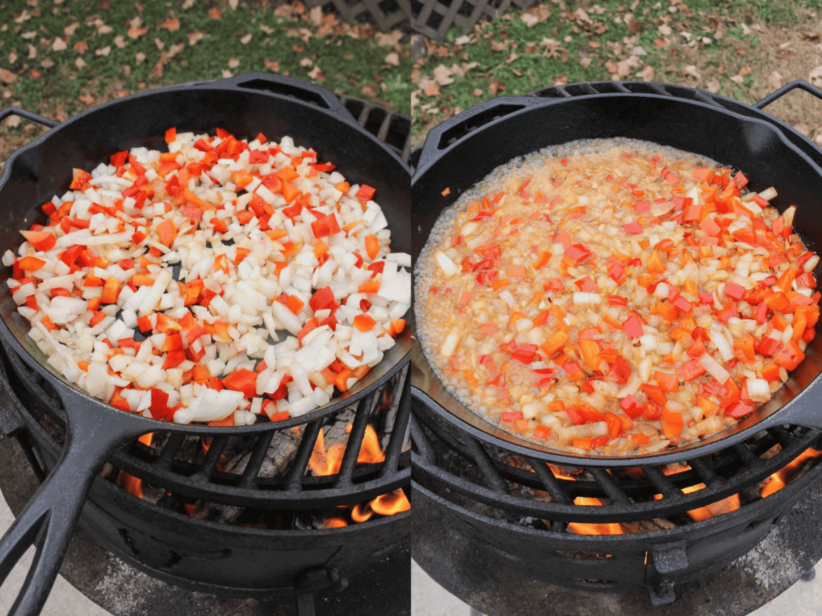 Onions and red peppers for the filling simmer in beef broth. 