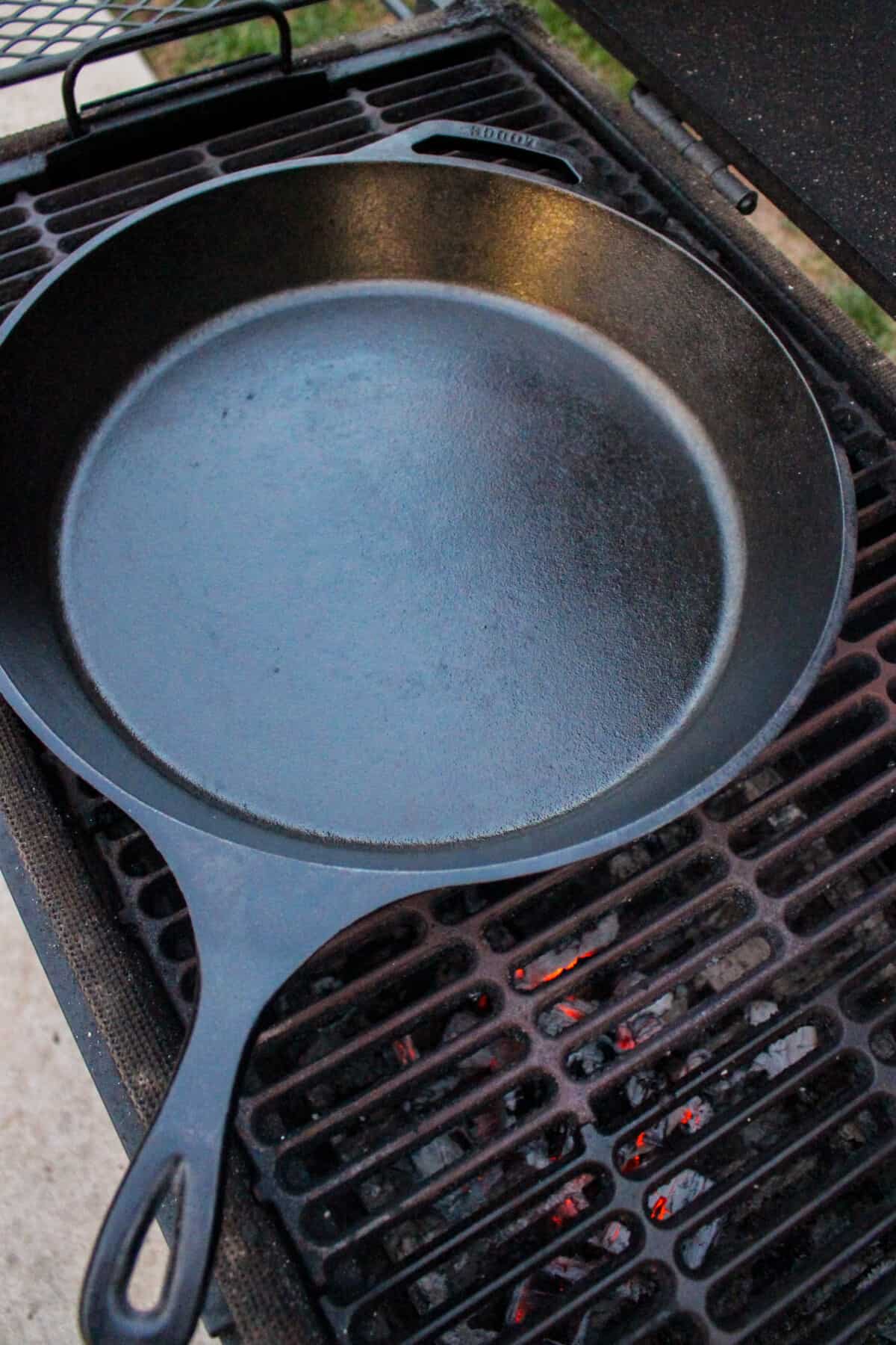 A cast iron pan on the grill.
