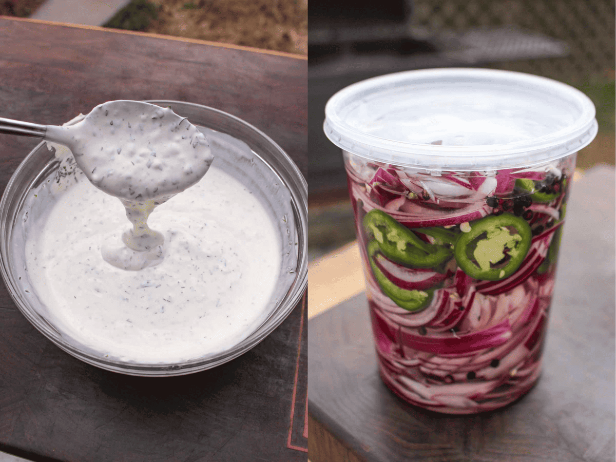 The cilantro ranch dressing alongside the pickled red onions. 