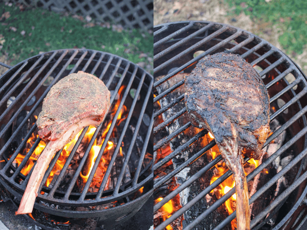 The before and after of the seasoned ribeye steak. 