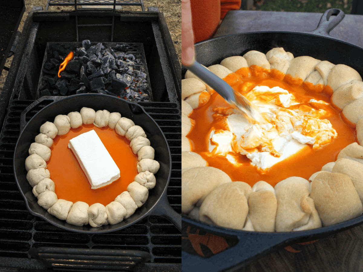 A block of cream cheese melts into the hot and spicy buffalo sauce. 