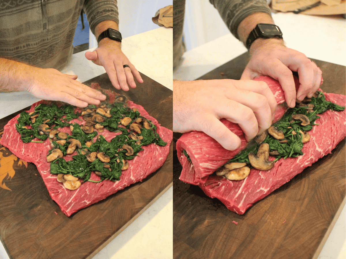 The Beef Tenderloin is butterflied and then filled with a layer of spinach and mushrooms.