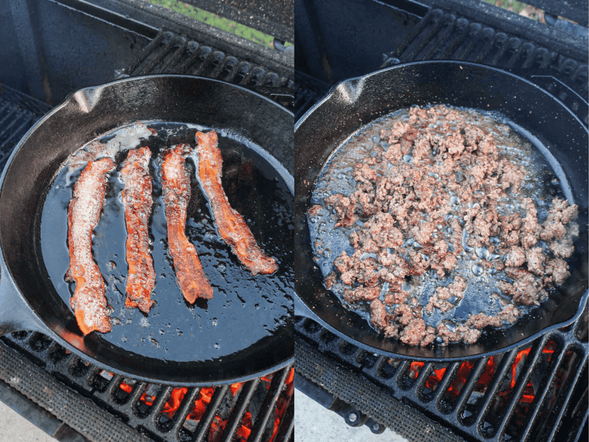 The bacon and beef are cooked in the same cast iron pan. 