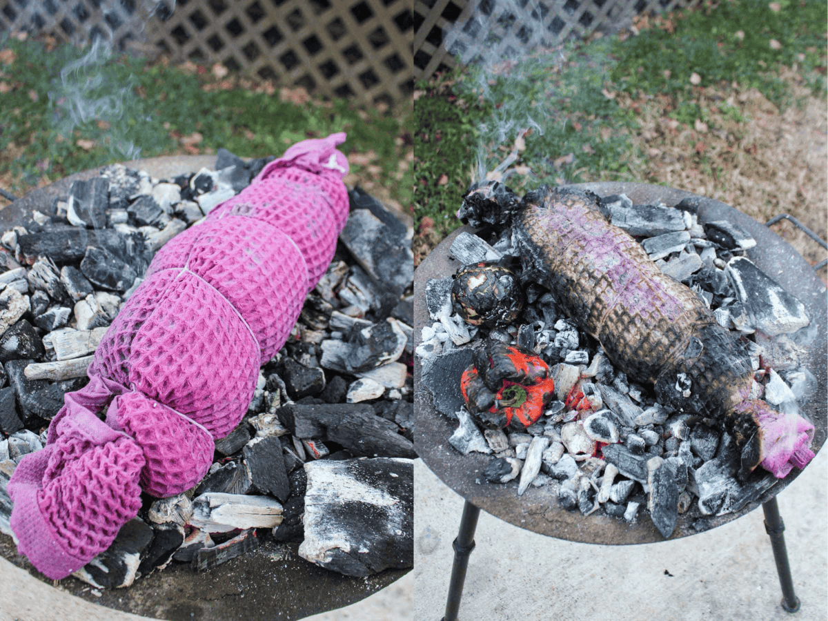 The Lomo Al Trapo is placed directly on white hot coals to cook. 