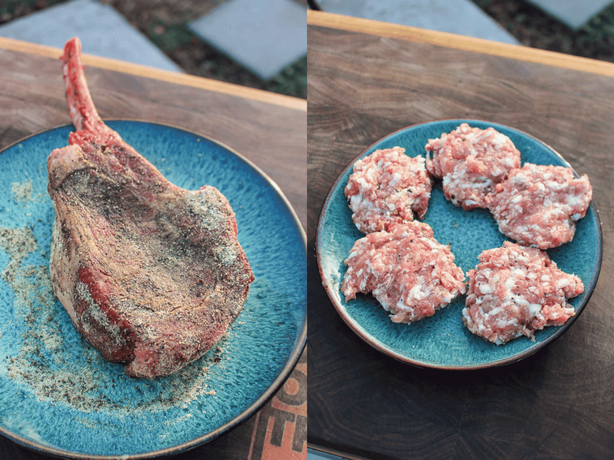 The ribeye is seasoned and the sausage patties are formed for the Country Skillet Breakfast. 