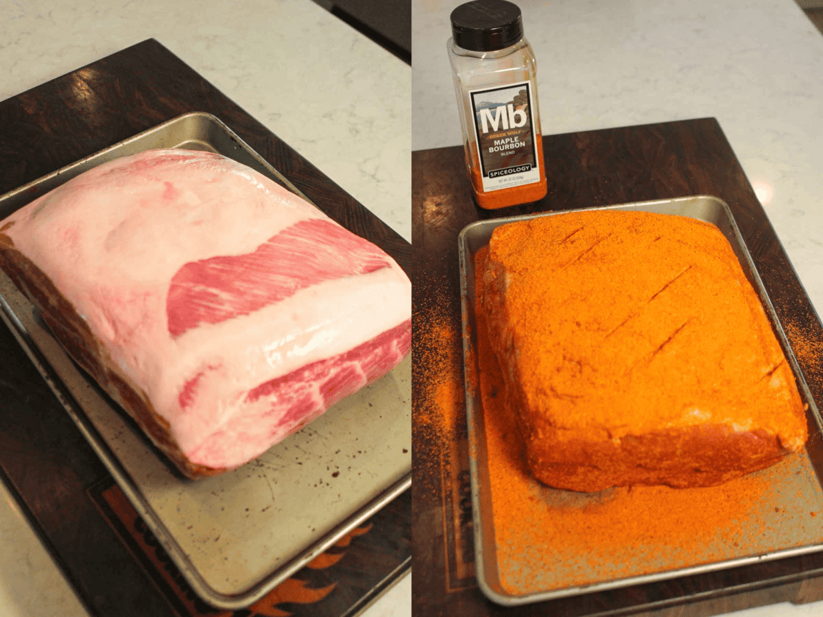 Prepping the pork butt for the Smoked Pulled Pork Sandwiches. 