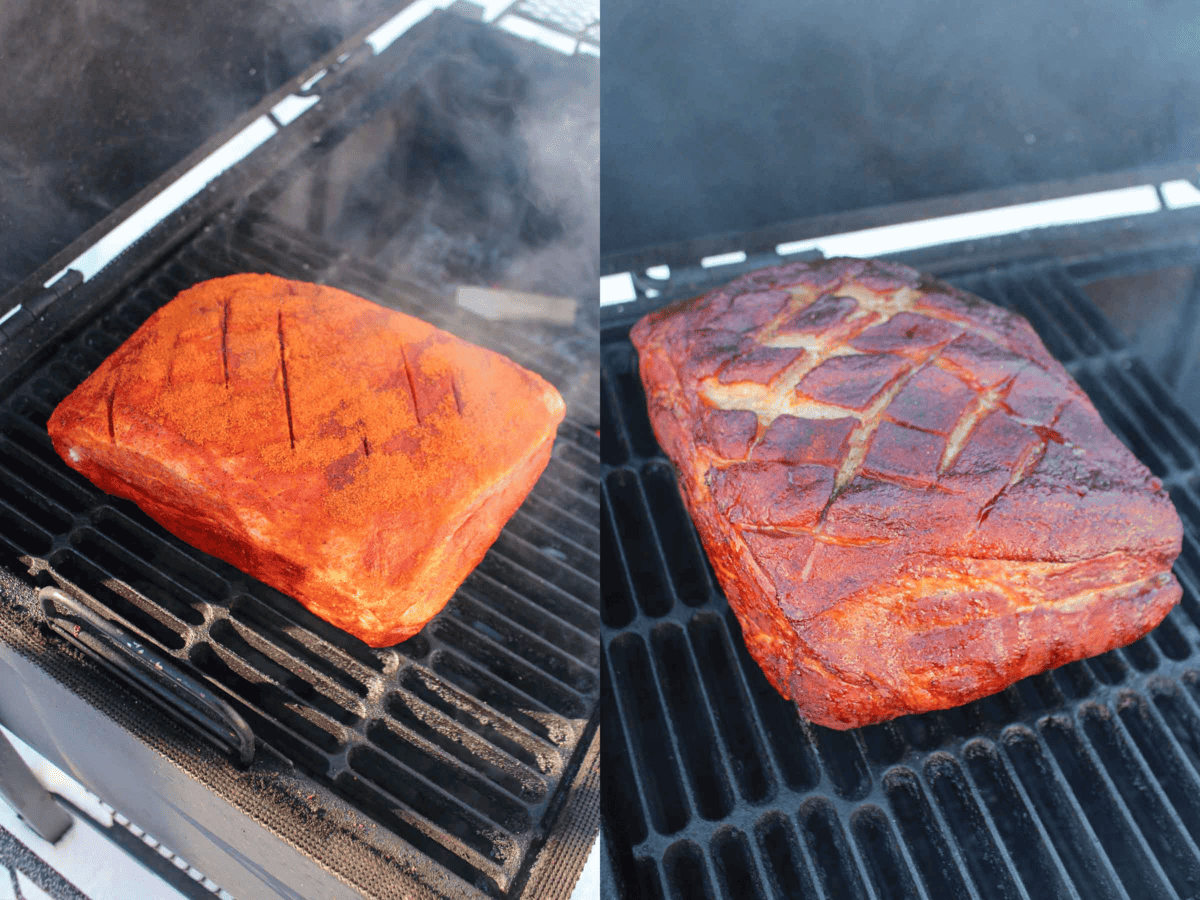 The Pork Butt on the smoker grill grates before and after 3 hours of cooking. 
