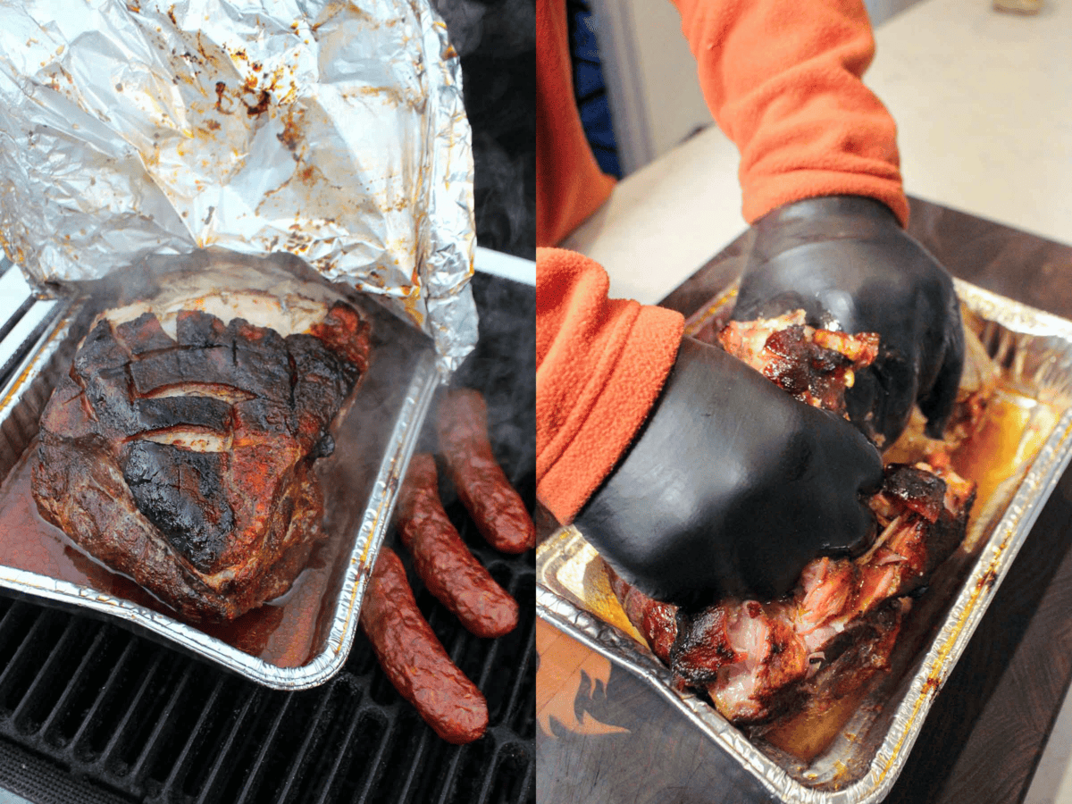 The pork and chorizo finishing up on the smoker and then pulling the pork to prepare it for serving. 