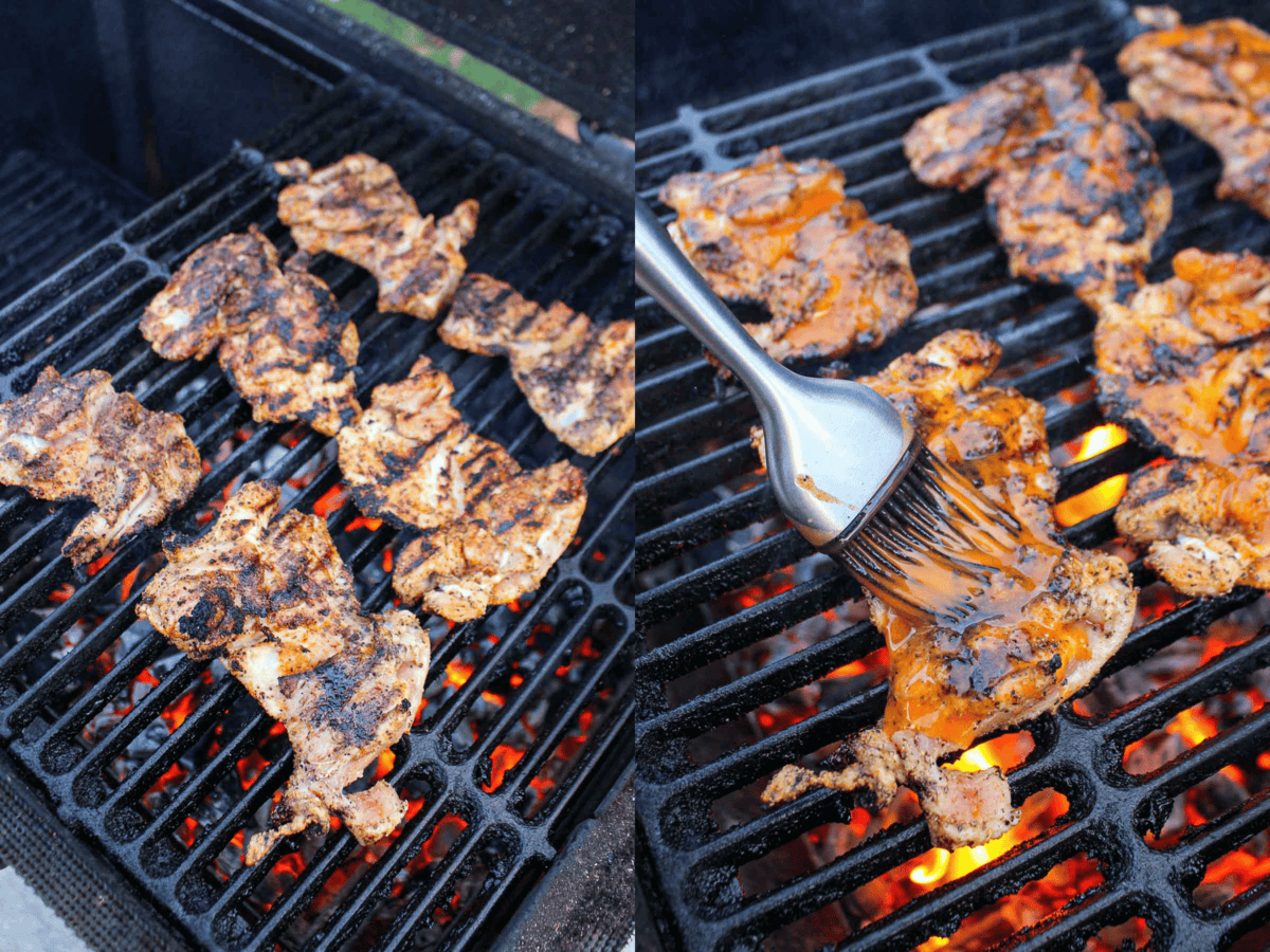 The chicken thighs are basted with the hot buffalo wing sauce.