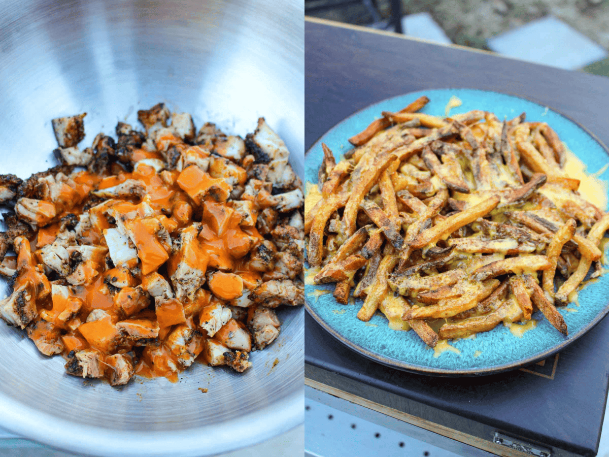 Buffalo sauce mixes with the cubed grilled chicken while cheese is melted over the crispy fries.