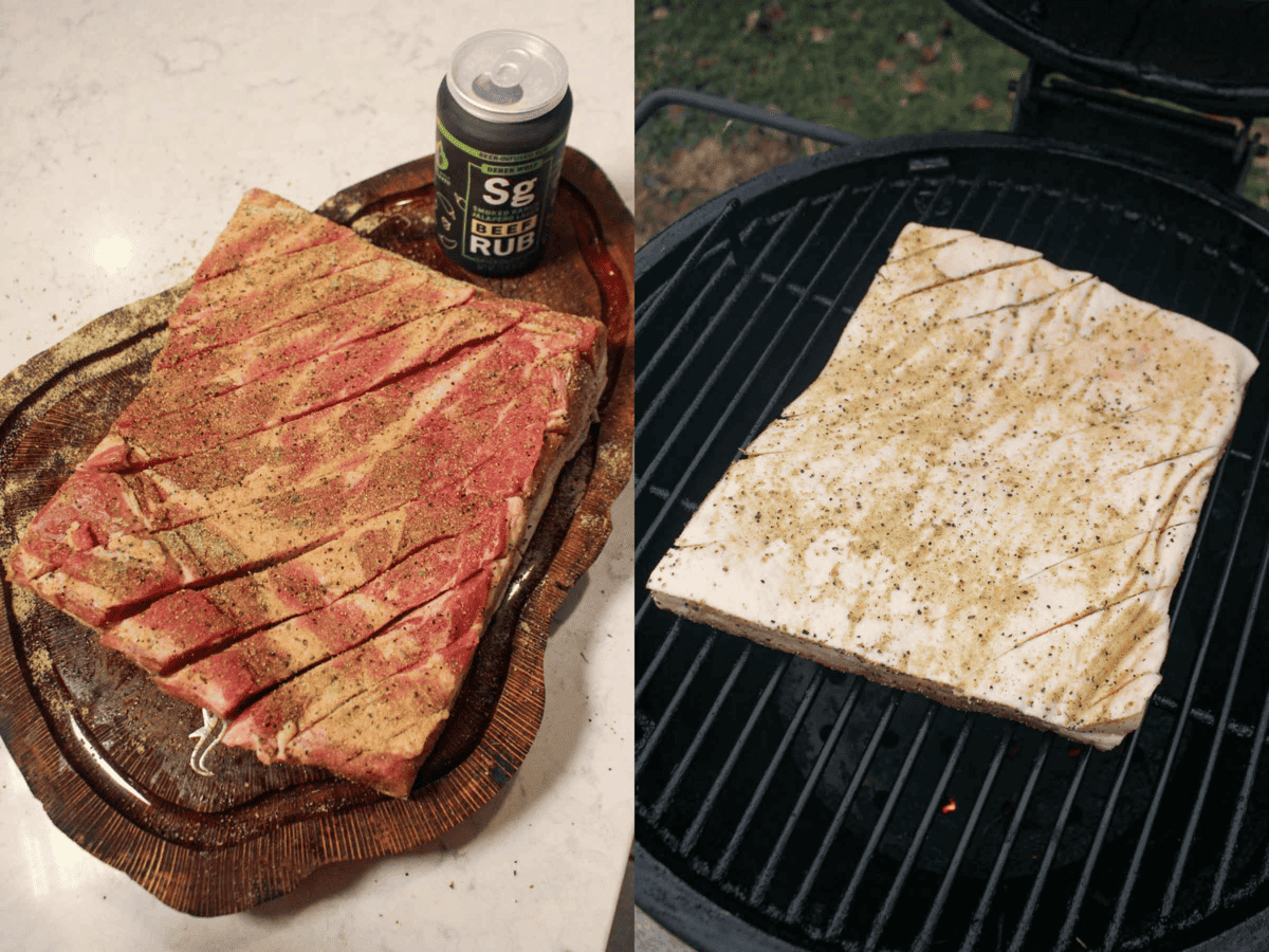 The pork is scored on both sides before smoking in the smoker. 