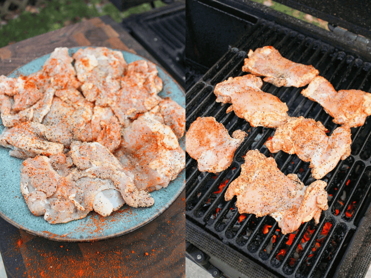 The chicken thighs are seasoned and ready to grill.