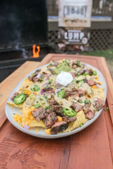 Grilled steak nachos plated and served!