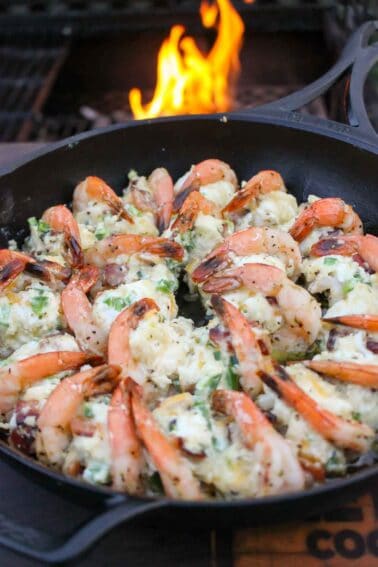 Smoked Stuffed Shrimp in the cast iron skillet, perfect for game day eats!