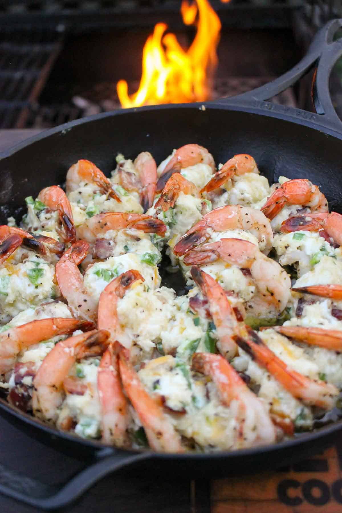 Smoked Stuffed Shrimp in the cast iron skillet ready to eat. 