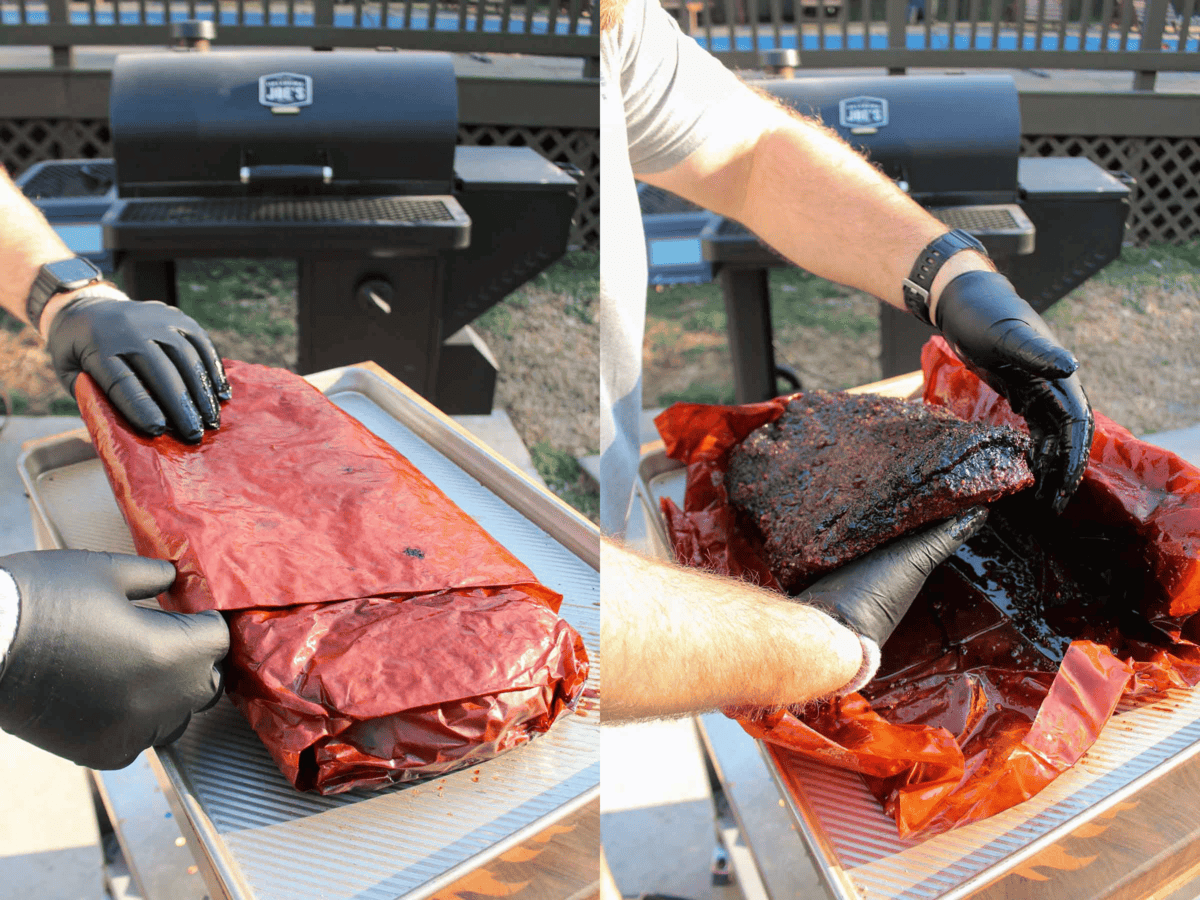 The brisket is wrapped in pink paper.