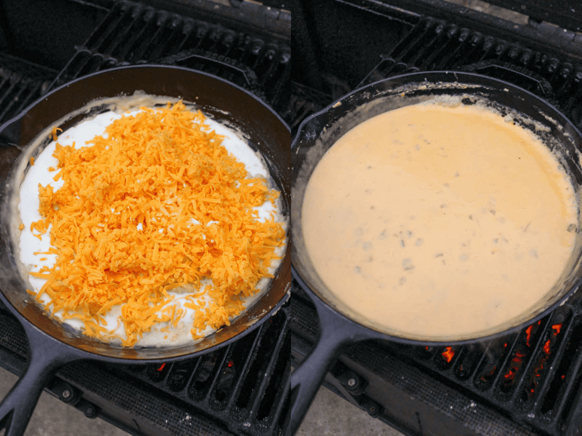 The queso ingredients in the skillet melting together.