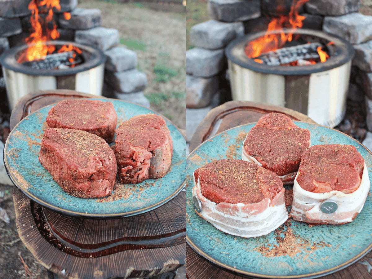 Seasoning the filets and then wrapping them in bacon.
