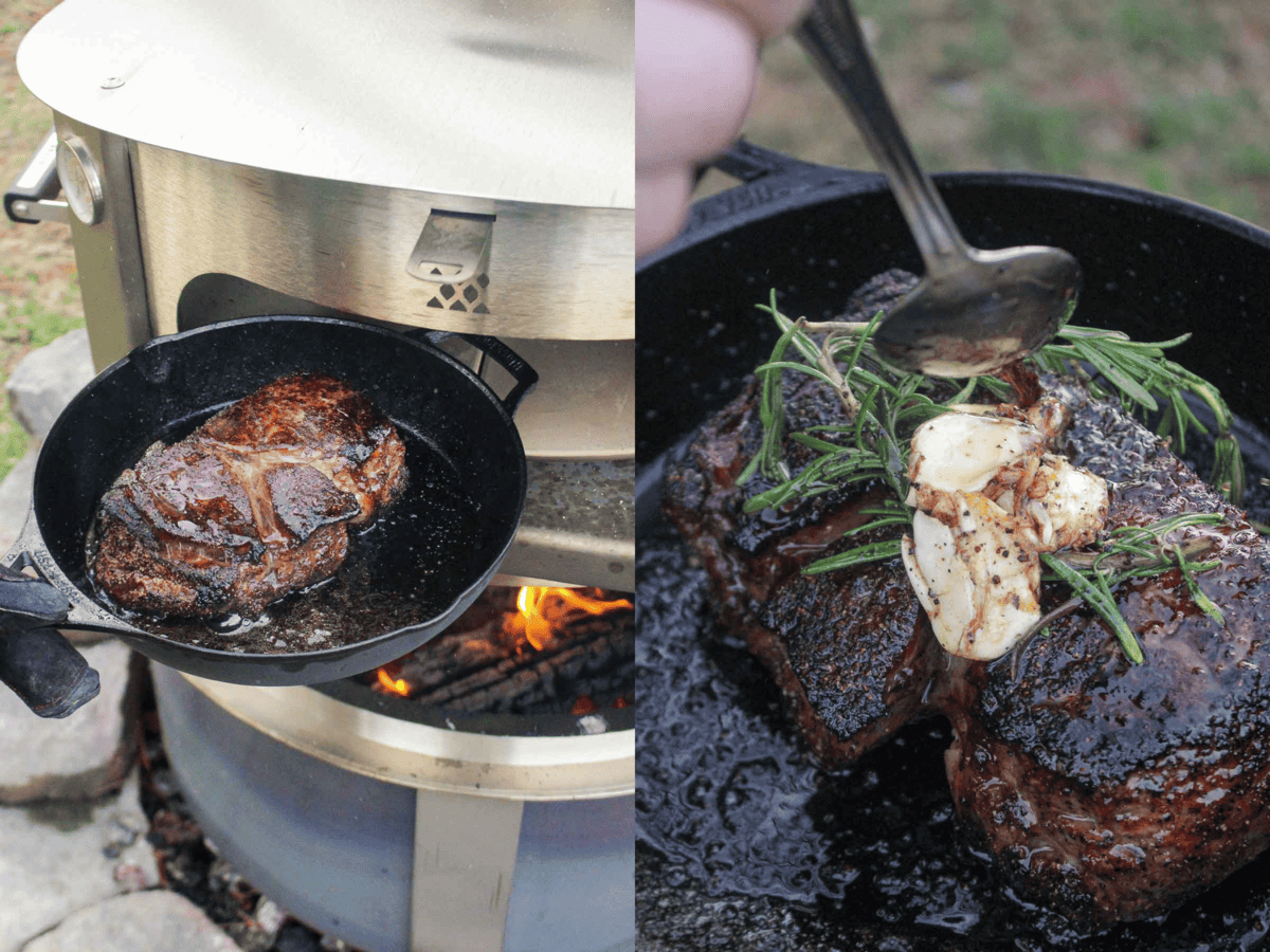 The ribeye steak is seared in the cast iron skillet and basted with beef tallow infused with rosemary and smashed garlic. 