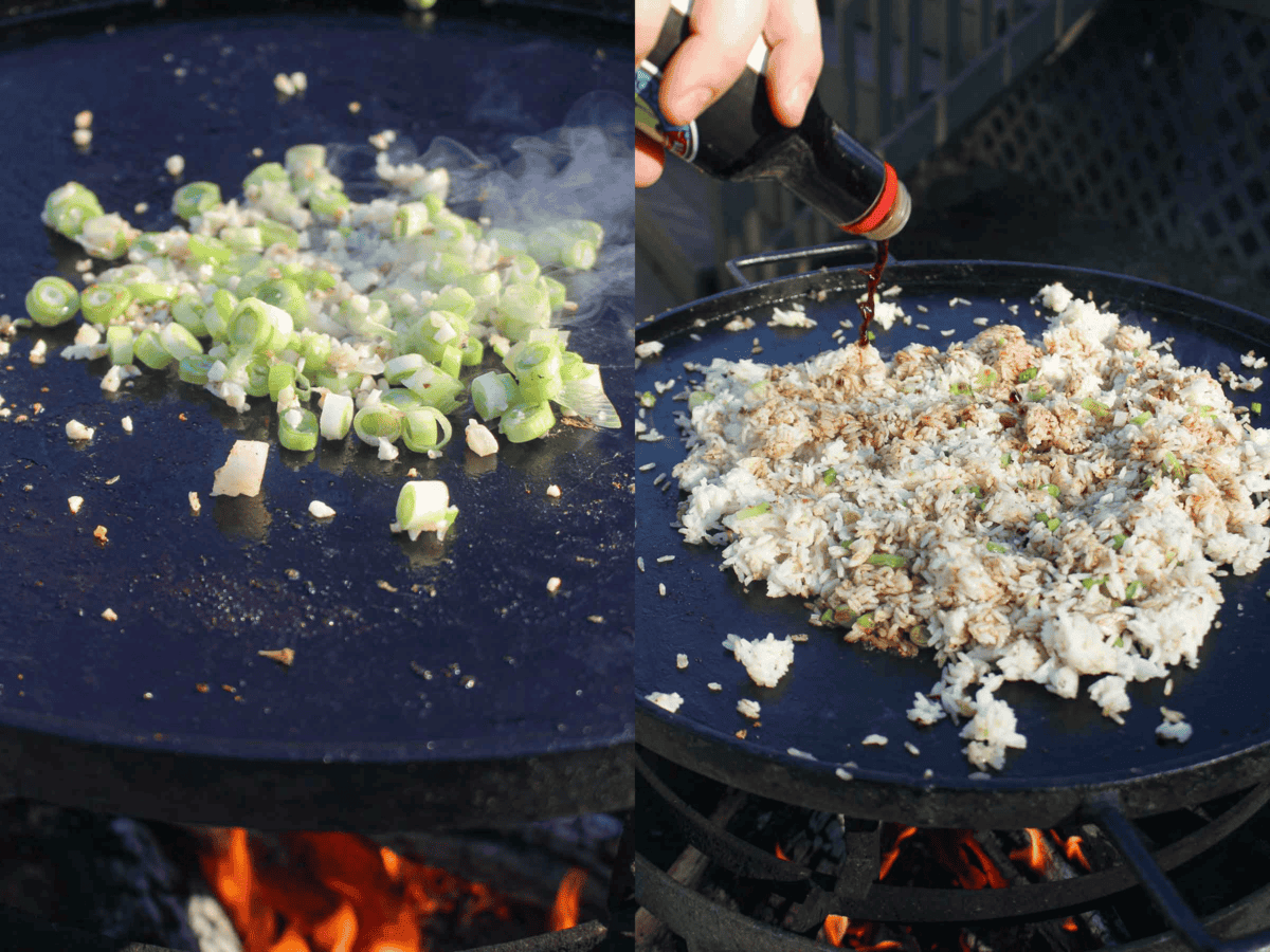 chopped green onions are grilled and added to the day-old rice. 