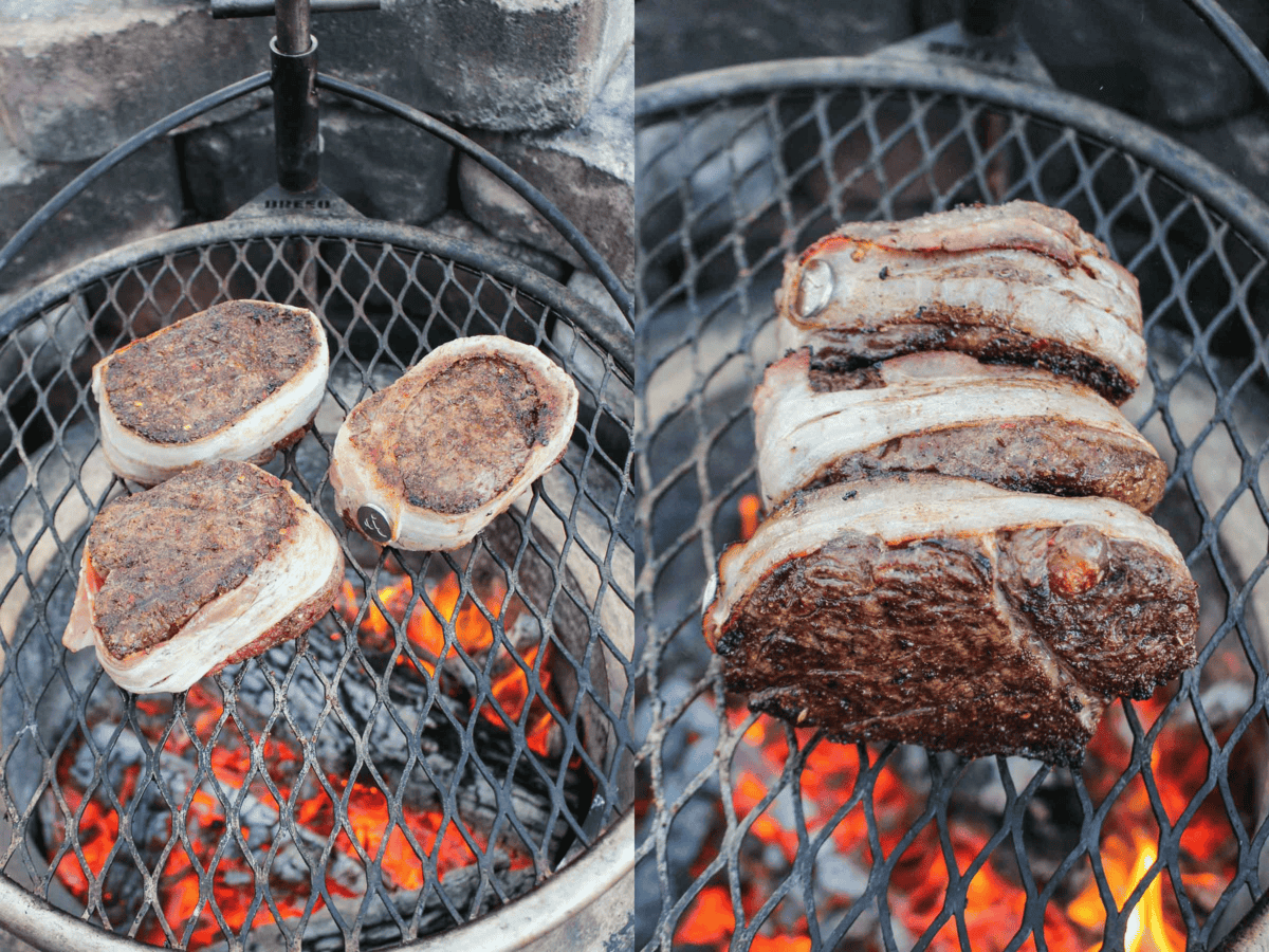 Grilling the filets and crisping the wrapped bacon.