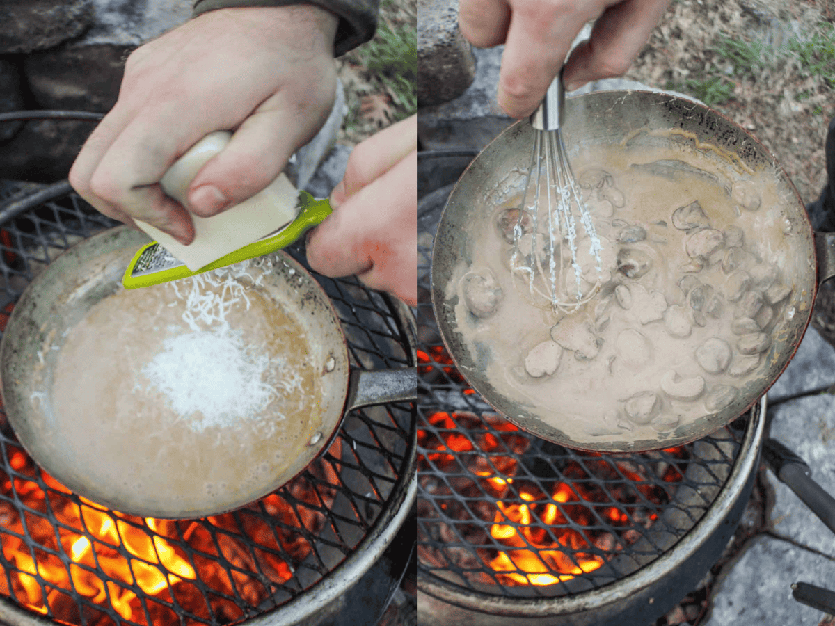 Mixing the cooked mushrooms back into the cream sauce.