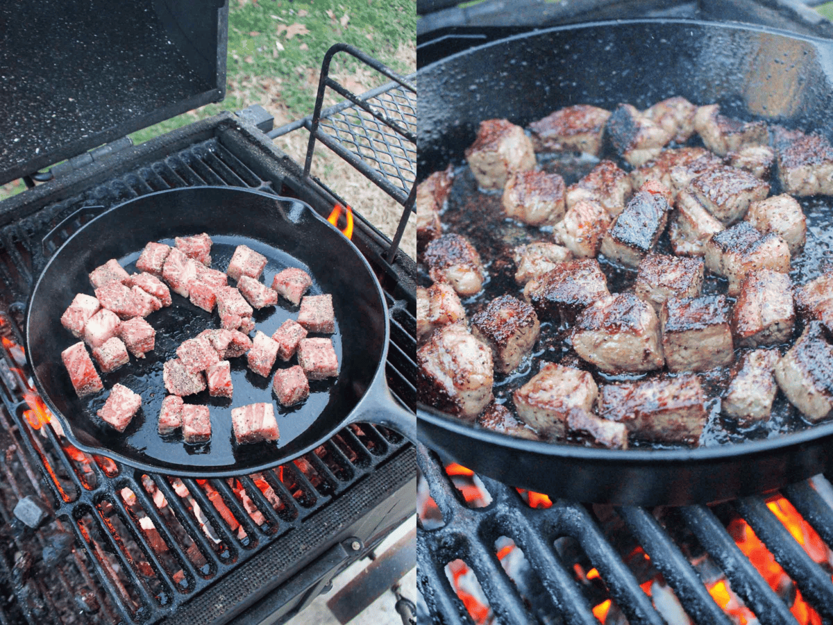 The juicy steak bites are cut from NY Strip steak and seared in a cast-iron pan over the flame.