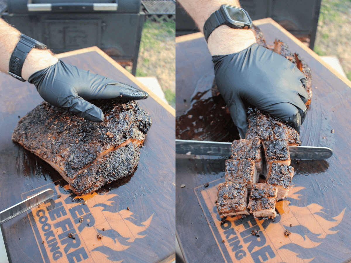 The smoked brisket is cubed for the burnt ends.