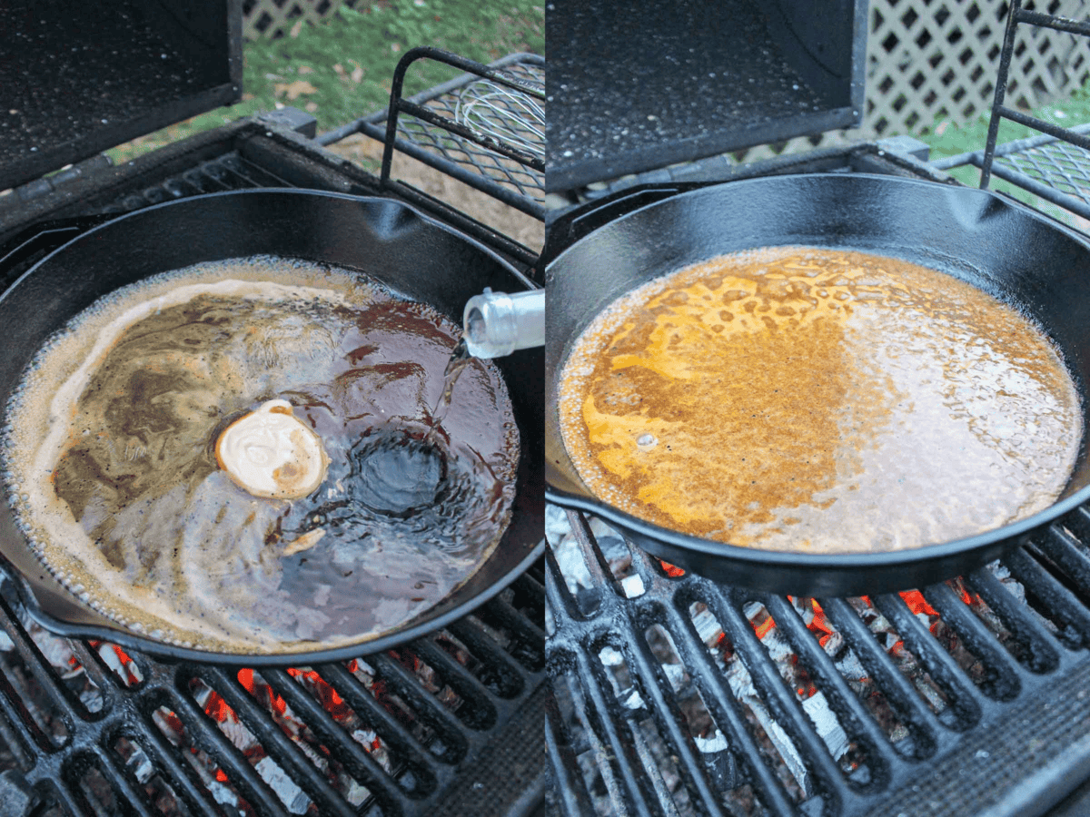 The pan sauce for the steak recipe comes together in a cast iron skillet used for cooking the steak.